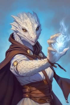 an illustration of a white dragon holding a glowing ball in his right hand and wearing a cape