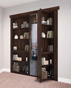 an open bookcase with several books on it in a living room next to a potted plant