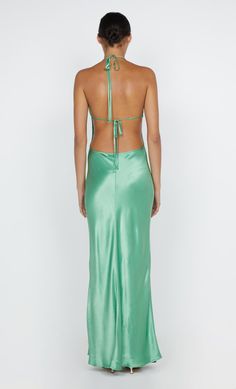 Designed in a flattering silhouette, the BEC + BRIDGE Zariah Halter Dress is cut from a lustrous fabric. The dress features a deep V and a statement halter neckline that ties above an open back. This product is certified Australian made. Green V-neck Halter Dress For Party, Green Halter Neck Maxi Dress For Prom, Green Ruched Back Evening Dress, Green Dresses With Back Opening For Night Out, Green Evening Dress With Ruched Back, Green Dress With Back Opening For Night Out, Elegant Green Halter Neck Dress, Elegant Green Halter Backless Dress, Green Prom Dress With Lace-up Back