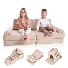 two children sitting on a couch with their feet propped up