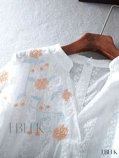 Ebeek - Exquisite Floral Embroidered V-Neck Blouse: A Sophisticated Choice for Spring & Summer, Womens Fashion Elegant V-neck Top With Chikankari Embroidery, White V-neck Blouse With Intricate Embroidery, Elegant V-neck Blouse With Floral Embroidery, Spring V-neck Blouse With Chikankari Embroidery, White V-neck Top With Intricate Embroidery, Feminine Embroidered V-neck Blouse, White V-neck Blouse With Chikankari Embroidery, Summer V-neck Blouse With Chikankari Embroidery, Chic White V-neck Embroidered Top