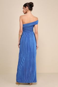 Poised Performance Blue Plisse One-Shoulder Maxi Dress Off-shoulder Pleated Gala Dress, Pleated Off-shoulder Gala Dress, Off-shoulder Pleated Dress For Gala, Spring Gala Dress With Folds, Off-shoulder Pleated Evening Dress, Maxi Length Evening Dress With Folds, Chic Blue One Shoulder Dress For Gala, Chic Blue One-shoulder Dress For Gala, Formal Blue One-shoulder Ruched Dress