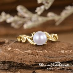 6mm Natural Pearl Ring Akoya Pearl Engagement Ring Yellow Goldcvintage Leaf Ring Deco Pearl Wedding Ring Dainty Bridal Women Ring - Etsy Vintage Oval Pearl Ring For Wedding, Antique Gold Pearl Ring For Wedding, Antique Gold Pearl Wedding Ring, Victorian Silver Pearl Ring For Wedding, Victorian Silver Pearl Wedding Ring, Victorian Style Silver Pearl Wedding Ring, Pearl Ring Design, Pearl Gold Ring, Wedding Ring Dainty