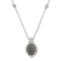 Colleen Lopez Moonstone and White Zircon Oval Pendant with Chain  Shimmering gray moonstone cradled in the subtle sparkle of white zircons make this exquisite pendant and chain an elegant match for most special-occasion fashions.        Pendant approx. 5/8"L x 3/16"W     Necklace approx. 18"L x 1/16"W      Stamped .925; rhodium plating     Lobster claw clasp     Sterling silver oval pendant with prong-set, oval  gray moonstone cabochon and round, white zircon accents on frame and split bail-fron Elegant Formal Moonstone Necklaces, W Necklace, Moonstone Cabochon, Color Bands, Pendant With Chain, Oval Pendant, Cable Chain, Lobster Claw, Prong Setting