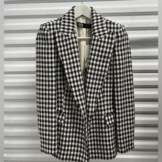 Size: Xs Brand New With Tags; Unused. Discontinued Style White Tweed Business Jacket For Fall, Classic White Houndstooth Blazer, White Houndstooth Outerwear For Office, Fitted White Houndstooth Blazer, Zara Houndstooth Blazer For Fall, Zara Plaid Blazer For Office, White Houndstooth Blazer For Winter, Chic Gingham Fitted Outerwear, Chic Fitted Gingham Outerwear