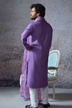 Lilac full sleeves kurta with all over waffle pintuck detailing. Paired with a pant and a floral printed dupatta. - Aza Fashions Elegant Long Sleeve Sets With Pintucks, Traditional Long Sleeve Kurta With Pintucks, Fitted Long Sleeve Kurta With Pintucks, Mahima Mahajan, Plain Purple, Kurta Pant Set, Men Kurta, Printed Dupatta, Kurta With Pants