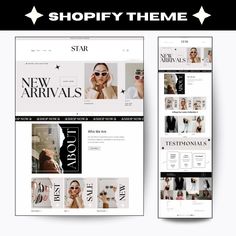 the shopify wordpress theme is displayed on two screens, one in black and white