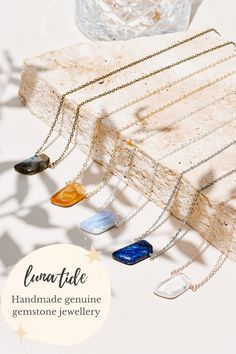 Handmade gemstone jewellery made especially for you. Shop Now → https://lunatide.com.au/collections/all-jewellery Crystal Necklace Photography, Crystal Jewelry Photography, Crystals And Gemstones Photography, Small Stone Necklace, Crystals Photography, Crystal Packaging, Necklace Photography, Boho Wardrobe, Crystal Store