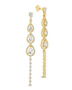 Angela Drop Studs Earring Sterling Forever Gold Glamorous Cubic Zirconia Dangle Earrings, Gold Linear Earrings With Prong Setting For Formal Occasions, Gold Linear Earrings With Prong Setting For Formal Events, Gold Bridal Earrings With Prong Setting For Evening, Glamorous Gold Plated Crystal Earrings For Party, Glamorous Yellow Gold Earrings For Party, Glamorous Gold Plated Earrings For Parties, Elegant Yellow Gold Teardrop Earrings For Party, Glamorous Bridal Earrings With Prong Setting For Party