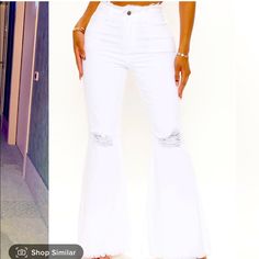 Size 15, All White Nwt Trendy White Ripped Jeans, Distressed Stretch Wide Leg Pants, Chic Distressed Wide Leg Pants, Wide Leg Stretch Distressed Pants, Stretch Wide Leg Distressed Pants, Chic Wide Leg Distressed Pants, Chic Ripped Stretch Flare Jeans, Chic Stretch Ripped Flare Jeans, Trendy White Distressed Jeans