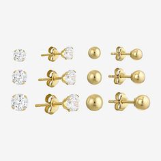 This six-pair ball earring set works well with a huge range of looks. Class up a jeans and tee combo with 14K gold, or top off a party dress with cubic zirconia for a touch of sparkle.Stones: Clear cubic zirconiaBack: FrictionDimensions: 3mm, 4mm and 5mmFeatures: Quick ShipShape: BallStone Cut: RoundMetal Color: YellowCare: Wipe CleanAuthenticity: Lab Created StoneEarrings Type: Earring SetsMetal: 14k GoldAssembled in the US from Imported Materials Jewelry Photos, Earring Sets, Made In America, Photo Jewelry, In America, Rhodium Plated, Jewellery And Watches, Earring Set, Cubic Zirconia