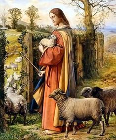 a painting of a woman holding a baby in her arms and standing next to sheep