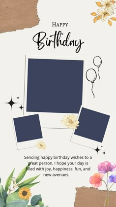 a birthday card with two photos and flowers on the bottom, in front of a white background