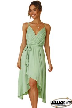 Green Ruched Spaghetti Straps Ruffled Midi Dress, Women Dresses,Midi Dresses Spring V-neck Ruched Sundress, Flowy Sundress With Spaghetti Straps For Date Night, Flowy Spaghetti Strap Midi Dress For Spring, Spring Flowy Midi Dress With Spaghetti Straps, Flowy Midi Dress With Spaghetti Straps For Spring, Solid Sundress For Spring Brunch, Solid Color Sundress For Spring Brunch, Spring Spaghetti Strap Flirty Maxi Dress, Spring Flirty Spaghetti Strap Maxi Dress