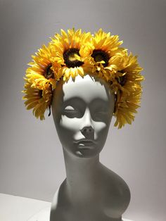 Sunflower Flower Fascinator- Yellow Headband- Mad Hatter Party- Tea Party- Kentucky Derby- Wedding Garden Party Hello, This headpiece is made with 6 sunflower that are about 5 inches wide. Flowers are tilted for extra height. Perfect for fall and anyone who loves sunflowers. It is attached to a black covered skinny headband and is adjustable. Leaves finish off the back. It's very comfortable and will fit any size head. 10 to 90! I've been making hair pieces over 20 years. I love what I do and I Sunflower Headpiece, Wedding Garden Party, Kentucky Derby Wedding, Derby Wedding, Yellow Headband, Flower Headdress, Mad Hatter Party, Flower Fascinator, Making Hair