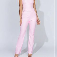 Meshki Tyra Straight Leg Faux Leather Pants - Baby Pink. Bnwt Size Small Fitted Party Pants With Pockets, Non-stretch Pink Pants For Party, Pink Non-stretch Party Pants, Pink Pants With Pockets For Night Out, Pink Party Bottoms With Pockets, Pink Party Pants With Pockets, High Waisted Flare Pants, Split Pants, Black Linen Pants