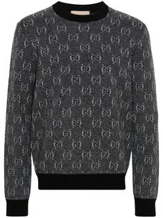 grey wool knitted construction signature GG Damier jacquard contrasting trim crew neck long sleeves ribbed cuffs and hem straight hem Latest Sweater, Embroidered Wool, Jacquard Sweater, Knitwear Men, Men's Knit, Beige Sweater, Brown Sweater, Wool Blend Sweater, Gucci Men