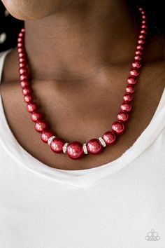 Paparazzi Accessories - Party Pearls - Red Necklace - TheMasterCollection Red Pearl Necklace, Paparazzi Jewelry Images, Red Pearl, Bling Necklace, Pearl Necklace Set, Pearl Necklace Earrings, Red Necklace, Paparazzi Accessories, White Rhinestone