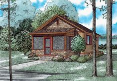 this is an artist's rendering of a small cabin style house in the woods