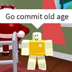 a cartoon character sitting in a chair next to a sign that says go commit old age