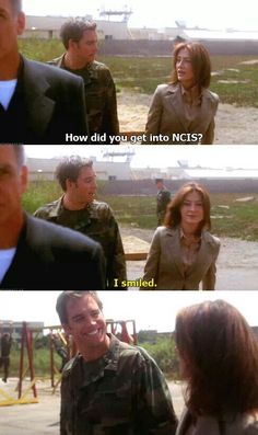 two people talking to each other in front of an airplane and the caption says, how did you get into ncis?