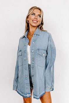 - Worn solo or layered, this trendy top will keep you looking stylish! - Unlined non-stretch denim material - A collared neckline - Button up front - Long, loose sleeves with button closure cuffs - Functional chest pockets - A relaxed silhouette that ends in a rounded unfinished hemline Measurements S : Bust 52", Hip 52", Length 29.5", Sleeve Length 19", Waist 52". M : Bust 54", Hip 54", Length 30", Sleeve Length 19.5", Waist 54". L : Bust 56", Hip 56", Length 31", Sleeve Length 20", Waist 56". Loose Sleeves, Trendy Top, Denim Material, Women Clothing Boutique, Trendy Tops, Hip Length, Online Womens Clothing, High Waisted Shorts, Boutique Clothing