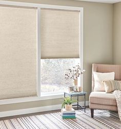 a living room scene with focus on the blinds in the window and the chair by the window