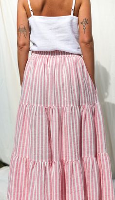 Maxi Striped Linen Tiered Skirt With Elasticated Waist OFFON | Etsy Linen Bottoms, Linen Fashion, Ruffled Skirt, Multi Pattern, Sewing Skirts, Skirt Skirt, Beautiful Skirts, Stripe Skirt, Womens Skirts