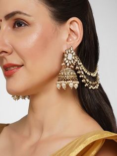 Gold-Plated Dome Shaped Jhumka Earrings With Chain VitansEthnics Earrings With Hair Chain, Kaan Chain, Valentine Gift For Girlfriend, Earrings With Chain, Valentine Gifts For Girls, Hair Chain, Anarkali Lehenga, Copper Gifts, Hair Chains