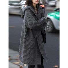 European hooded cardigan women's mid-length 100% cashmere sweater autumn and winter loose high-end lazy wind sweater coat Hooded Knit Cardigan, Sweater Autumn, Hooded Cardigan, Style Office, Women Sleeve, Hooded Coat, Office Lady, Jumper Sweater, Season Autumn