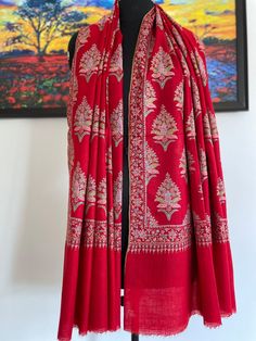 Red Hand Woven and Hand Embroidered Shawl Pure Pashmina - Etsy Luxury Chikankari Embroidered Shawl In Traditional Drape, Luxury Elegant Pashmina Traditional Wear, Elegant Luxury Pashmina Shawl For Traditional Ceremonies, Luxury Handmade Shawl For Gift, Red Pashmina Shawl With Resham Embroidery For Festivals, Festive Embroidered Pashmina Fabric With Dupatta, Elegant Red Pashmina Shawl In Traditional Drape, Elegant Red Pashmina Shawl, Elegant Red Shawl With Traditional Drape