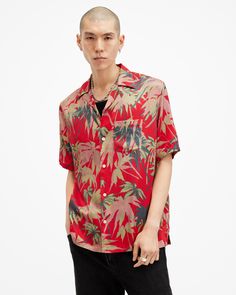 Hudsony Relaxed Fit Printed Shirt SCARLETT RED | ALLSAINTS US Scarlett Red, Convertible Collar, Revere Collar, Camp Shirt, Going Out Outfits, Guest Outfit, Camping Shirt, Denim Outfit, All Saints