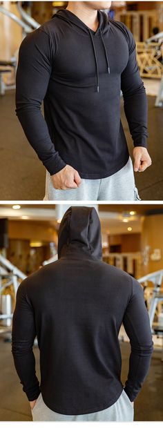 Breathable Quick Dry Long Sleeve Sports Fitness Hooded T Shirt - Men's Fitness Apparel, Men's Sports & Fitness T Shirts | Vivinch Breathable Hoodie For Streetwear, Black Activewear With Drawstring Hood For Gym, Gym Hoodie Sweatshirt, Sports Hoodie With Adjustable Hood And Long Sleeves, Sports Sweatshirt With Adjustable Hood And Long Sleeves, Gym Hoodie With Drawstring Hood, Solid Hooded Sweatshirt For Workout, Sweat-resistant Sports Hoodie Activewear, Hooded Activewear With Drawstring Hood For Gym