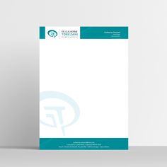 a white and blue letterhead with green accents