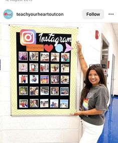 a woman standing next to a poster with instagram pictures on it