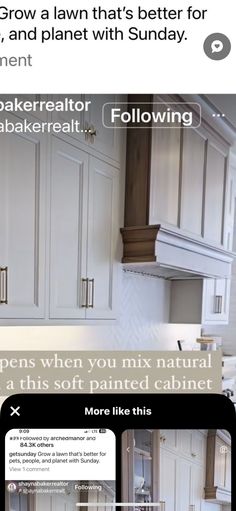 an image of a kitchen with white cabinets and wood trim on the walls, above which is a text box that reads grow a lawn that's better for improvement