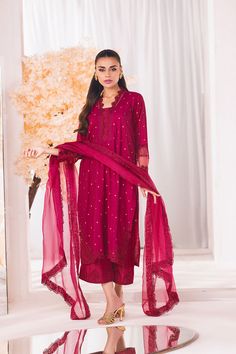 Embroidered Shocking Pink Pakistani Salwar Kameez with Dupatta Dress Churidar With Sheer Dupatta In Traditional Drape, Traditional Mulmul Churidar With Sheer Dupatta, Churidar With Sheer Dupatta And Traditional Drape In Mulmul, Straight Churidar With Chikankari Embroidery In Chinon, Traditional Churidar With Sheer Dupatta In Mulmul, Elegant Chinon Salwar Kameez For Traditional Ceremonies, Elegant Lawn Suit With Dupatta For Traditional Ceremonies, Traditional Chinon Dress For Eid, Fitted Churidar With Sheer Dupatta