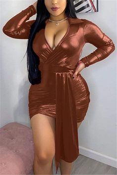 Sexy Deep V-Neck Long Sleeve Dress – rodressonline Brown V-neck Mini Dress For Party, Evening Brown V-neck Mini Dress, Brown V-neck Evening Mini Dress, Brown V-neck Mini Dress For Evening, V Neck Long Sleeve Dress, Plus Size Women Fashion, Purple And Gold Dress, Pink Swimwear, Vogue Dress