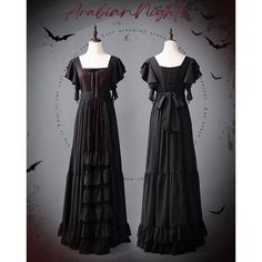 A long dress that will make you look like a mysterious and elegant young lady. The hem part has a tiered pattern that looks like it has layers. The combination of black that brings out dignified strength and passionate red is dramatic. Give off an overwhelming presence. 
 
 
 Delivery schedule 
 
 It takes about 3 months from order to delivery. 
 
 
 Item 
 
 Long length 
 Standard length 
 
 
 Size 
 
 
 Long length
 
 S size
 
 Length: 140cm 
 Bust: 86cm 
 Waist: 68cm 
 
 
 M size 
 
 Length: Black Evening Dress With Tiered Skirt, Black Floor-length Maxi Dress For Costume Party, Black Tiered Skirt Evening Dress, Black Tiered Skirt Dress For Evening, Black Maxi Dress With Ruffles, Fitted Black Dress With Tiered Skirt, Black Fitted Dress With Tiered Skirt, Black Maxi Dress For Halloween, Black Fitted Tiered Skirt Dress