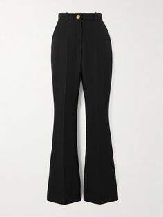 Balmain's pants have an elegant silhouette that recalls designs from the Parisian house's archives. They're made from wool in a high-waist shape that skims the hips before falling to slightly flared legs. Pressed pleats add the final flourish. Balmain Pants Woman, Chic Black Wool Dress Pants, Chic Black Wool Pants, Chic Black Wool Bottoms, Fitted Wool High Waist Bottoms, Fitted Wool High-waisted Bottoms, Fitted High Waist Wool Bottoms, Black Wool Bottoms For Evening, Chic Wool Bottoms For Evening