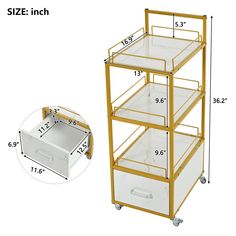 three tiered storage cart with drawers on wheels and measurements for each item in the image