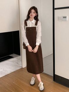 Women's Solid Color Button Decorated Long Dress Brown Casual  Long Sleeve Woven Fabric Plain Pinafore Non-Stretch  Women Clothing, size features are:Bust: ,Length: ,Sleeve Length: Effortless Hairstyles, Suspender Skirt, Hair Makeover, Casual Sets, Dress With Cardigan, Womens Midi Dresses, All Fashion, Casual Skirts, Women Clothing