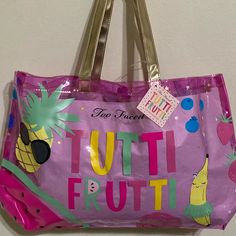 Nwt Too Faced Tutti Frutti Tote Bag In New Condition Transparent Plastic Pink With Cute Multi Colored Fruits All Over And Gold Straps, Perfect For The Beach Playful Tote Beach Bag For Shopping, Fun Tote Beach Bag For Shopping, Fun Beach Tote Bag For Shopping, Fun Rectangular Beach Bag For Shopping, Fun Pink Shoulder Bag For Shopping, Fun Shopping Shoulder Bag, Fun Summer Shoulder Bag For Shopping, Tan Shoulder Bag For Summer Shopping, Tutti Frutti