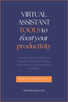 the title for virtual assistant tools to teach your productivity, with an orange and blue background