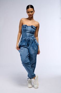 TILL WE MEET AGAIN DENIM JUMPSUIT Casual Strapless Denim Jumpsuit, Strapless Denim Jumpsuit With Pockets For Summer, Casual Medium Wash Strapless Denim Jumpsuit, Casual Strapless Denim Jumpsuit With Pockets, Casual High Rise Strapless Denim Jumpsuit, Casual Strapless Denim Jumpsuit For Spring, Casual Denim Strapless Jumpsuit, Strapless Fitted Denim Jumpsuits, Casual Strapless Denim Blue Jumpsuit