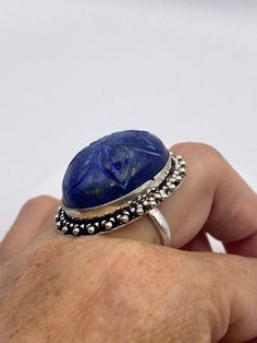 Vintage Blue Flower Carved Lapis Lazuli Ring - Etsy Unique Carved Rings As Gifts, Unique Carved Rings For Gifts, Blue Gemstone Flower Ring Gift, Artisan Carved Ring As A Gift, Artisan Carved Ring As Gift, Artisan Carved Rings As Gifts, Artisan Carved Rings For Gift, Gift Blue Gemstone Flower Ring, Artisan Carved Blue Jewelry