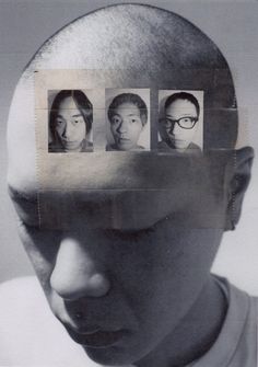 a man's head with four faces in the middle and one on top of his head