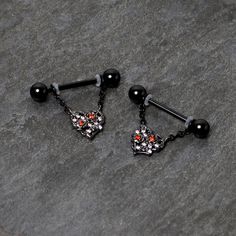 14 Gauge 9/16 Red Cz Gem Black Floral Heart Chain Dangle Nipple Ring Set - Surgical Grade Stainless Steel Nipple Ring Dangle - Body Candy Black Chain Body Jewelry As Gift, Goth Glamour, New Goth, Piercing Rings, Piercing Ring, Heart Chain, Floral Heart, Heart Charm, Ring Set