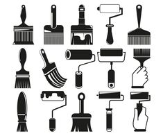 black and white silhouettes of different types of paintbrushes, brushes and rollers