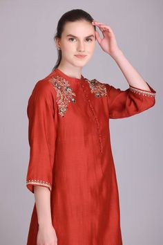 Rust kurta with sequin embroidered front, back yoke and sleeves. Paired with a plain straight pant with scallop hem and embroidered dupatta with tassels on hem. - Aza Fashions Kurta And Dupatta, Kurta Pant Set, Scallop Hem, Sequin Embroidery, Embroidered Dupatta, Women Kurta, Straight Kurta, Kurta With Pants, Sequins Embroidery